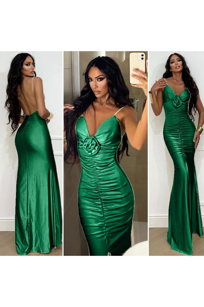 OEMN Satin evening dress with rose applique on the neckline