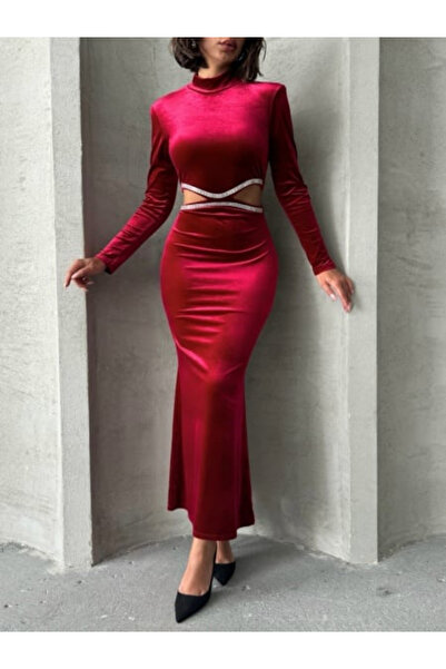 OEMN Velvet maxi evening dress with rhinestones and long sleeves