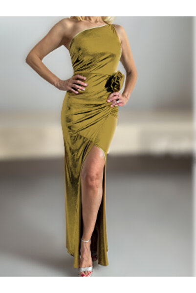 OEM Women's Bodycon Dress with Rose at Waist and Metallic Look - Rose