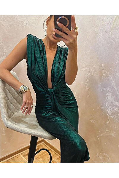 OEMN Women's Metallic Dress with ruffles and deep neckline - Hannah