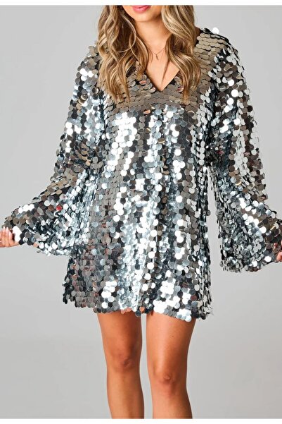 Cal moda Silver Sequin V-Neck Long Sleeve Bell Sleeve Party Dress (Women)