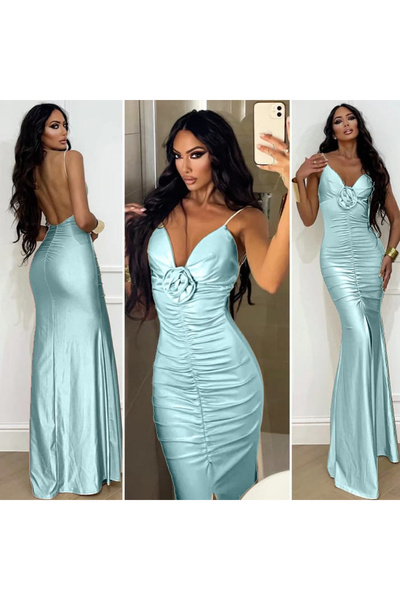 OEMN Satin evening dress with rose applique on the neckline