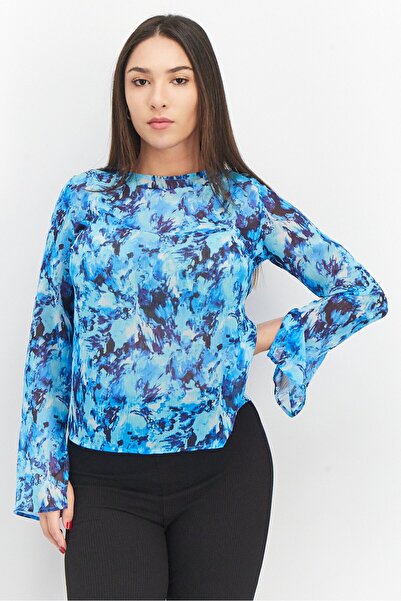 MOHITO Women Crew Neck Long Sleeve Floral Print Top, Blue
