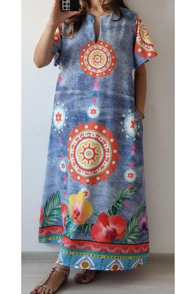 OEMN Long summer dress with pockets printed with Fashion pattern