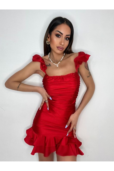 OEMN Women's short dress with straps and ruffles