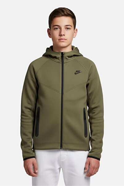 Nike Kids Boy Brand Logo Long Sleeve Full Zip Hoodie, Olive