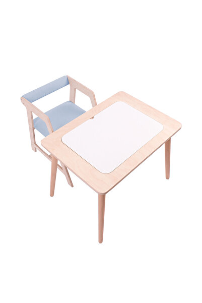 ROZİTOYS Montessori Çocuk Ahşap Oyun Etkinlik Çalışma Masası,Saklama Alanlı,Mavi Sandalye