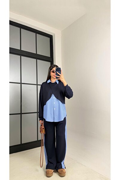 Gaus Navy Blue Striped 3-Piece Modal Fabric Set Gaus-00884