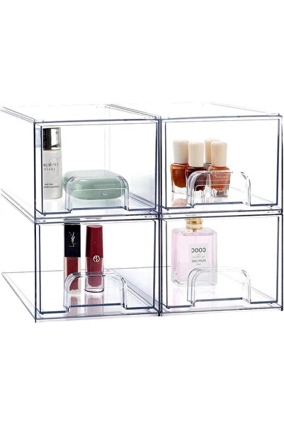 Saharaz 4 قطع من أدراج التخزين القابلة للتكديس، منظم تخزين شفاف لمستحضرات التجميل النسائية، للحمام وغرفة النوم