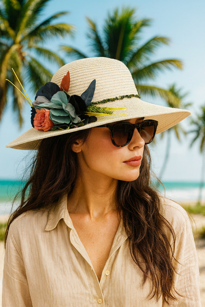 Katia&Bony Women's Straw Hat with Floral Accessories Cream