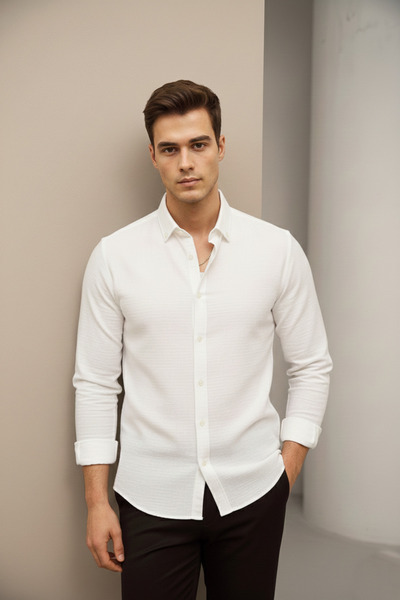 Bürke Linen Textured White Half Oversized Summer Men's Shirt