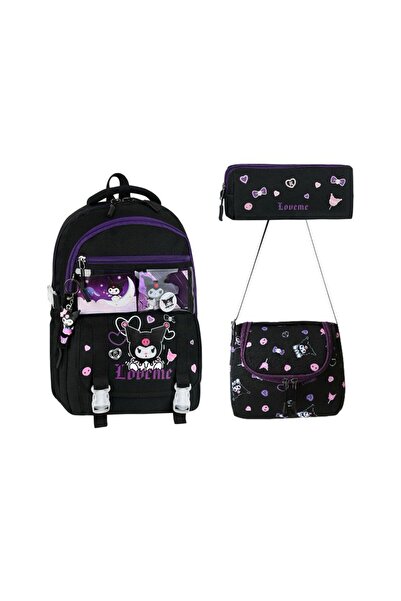 Lilyum Çanta Kuromi Desenli 3’lü Okul Çanta Seti – Sırt Çantası 40×30×20 + Te...