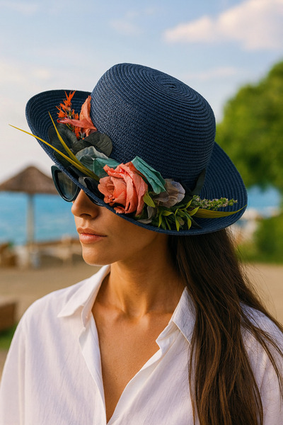 Katia&Bony Women's Straw Hat with Floral Accessories Navy Blue