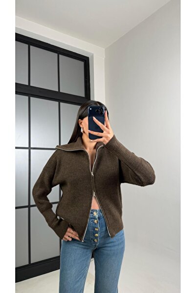 Gaus Bitter Brown Double Zipper Knitwear Sweater Gaus-00858