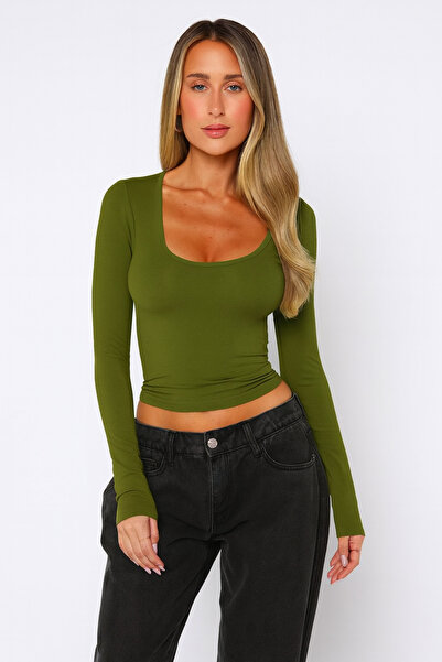 ÖZ PAMUK Μπλούζα με τετράγωνο γιακά ADET Basic από απλό ύφασμα με μακριά μανί...