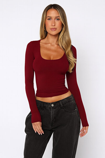 ÖZ PAMUK بلوزة ذات ياقة مربعة ADET قماش عادي بأكمام طويلة قماش قابل للتمدد