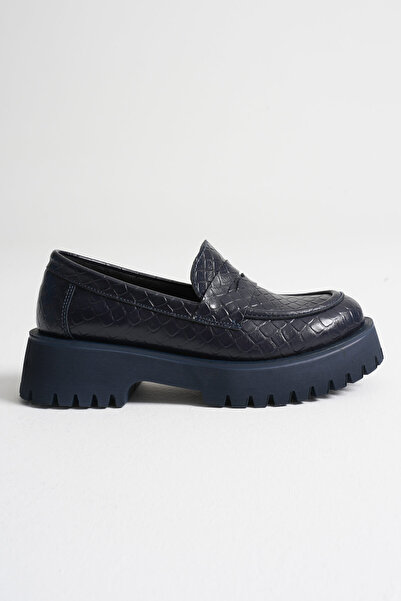 TRENDELLA Noir Women's Daily Navy Blue Crocodile Loafer Shoes