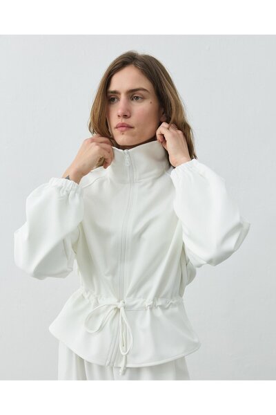 Aybikestil Fitilli Diagonal Fermuarlı Kalkık Yaka Belden Tünelli Ceket Ekru