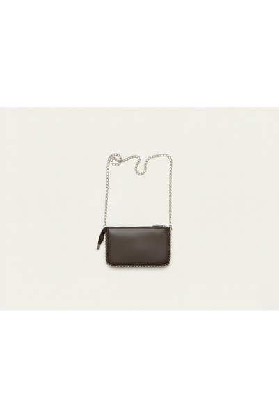 SEVMİNE Brown Metallic Chain Mini Clutch Bag – Luxury Portfolio with Stone and Bead Embroidery (14X24 cm)