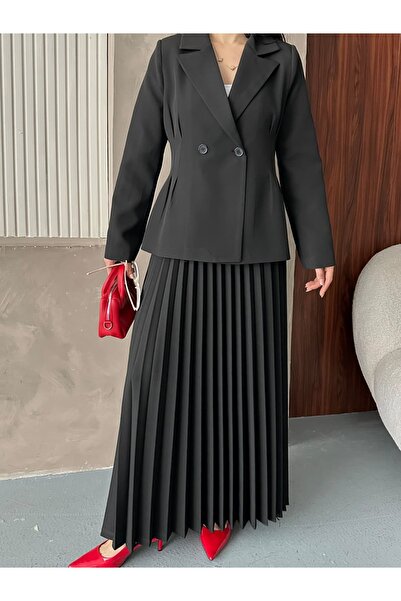 Moda İkra Double Button Blazer Jacket and Pleated Long Skirt Set