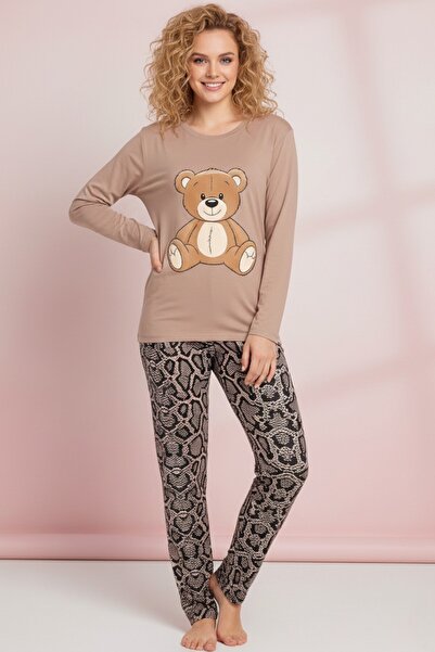 Miss Dünya Lissa Teddy Hug Beige Long Sleeve Crew Neck Women's Pajama Set