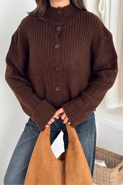 Koçer Triko Soft Textured Mock Neck Knitwear Cardigan