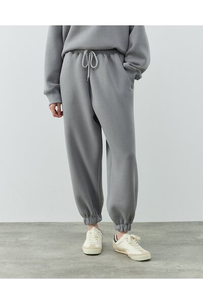 Aybikestil Şardonlu Üç İplik Paçası Lastikli Jogger Eşofman Altı Gri