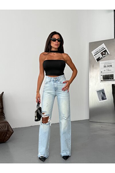 HerTon Açık Mavi Yırtık Detaylı Yüksek Bel Bol Paça Jean