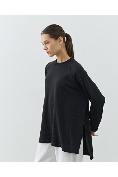 Aybikestil Penye İnterlok Taşlı Relax Bluz Siyah