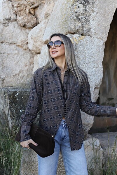 bytugcekaya Cămașă în carouri maro-albastru cu detalii asimetrice, pachet de pernițe pentru umeri