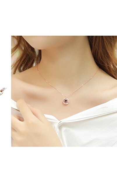 Produse.Top Colier dama auriu roziu cu cerc si proiectie I love You in 100 de limbi COL037