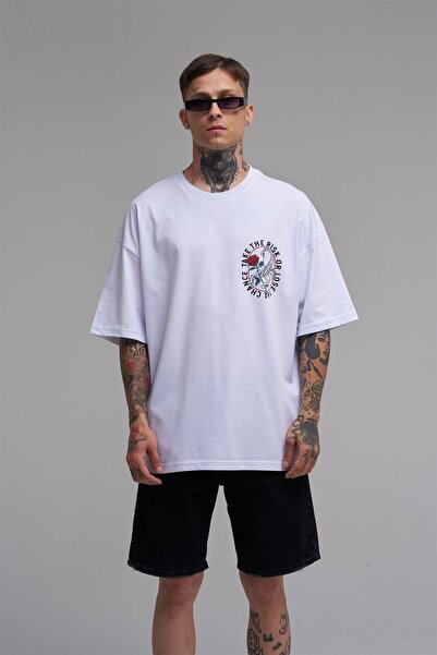 Machinist Unisex Oversized Scorpion and Rose Printed Cotton T-Shirt White