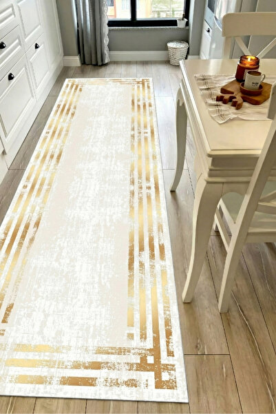 VOPTEKS Beyaz Gold Mutfak Halısı Makinede Yıkanabilir Halı Kaymaz Taban Halı