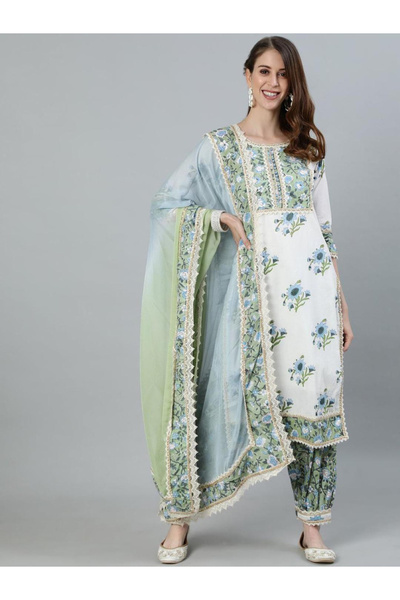 Ishin By Styli Women White Embroidered Pure Cotton Kurta with Salwar and Dupatta Set