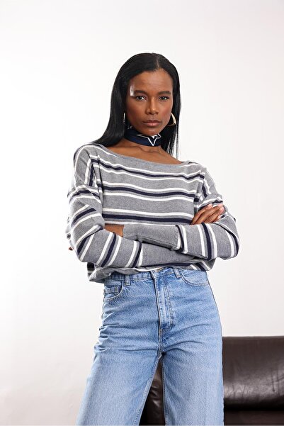 5in1Canpolat Navy Blue Boat Neck Striped Knitwear 251185