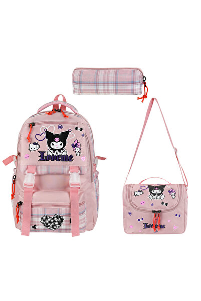 Lilyum Çanta Kuromi Ekose Desenli 3’lü Okul Çanta Seti – Sırt Çantası 40×30×2...
