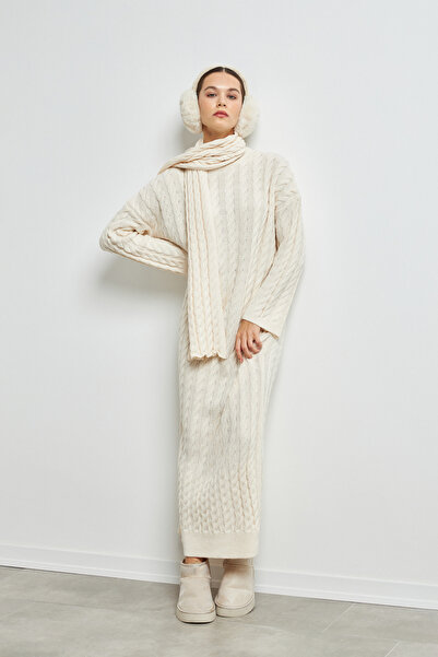 Ladima Scarf Detail Soft Knitted Tricot Dress Ecru