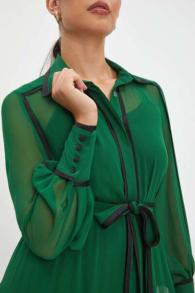 SERPİL Şifon ve Bağcıklı Midi Boy Elbise - Kontrast Şerit Detaylı - Günlük ve Özel Günlük Şıklık