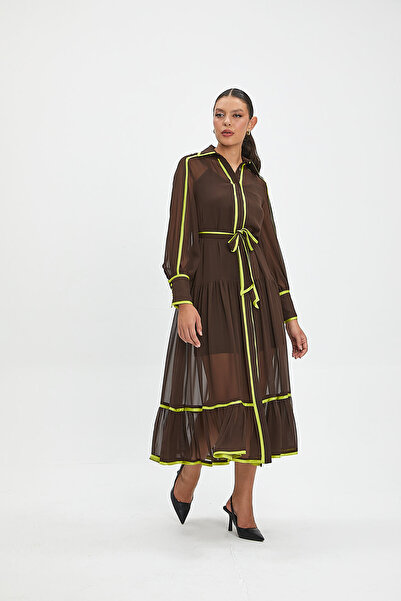 SERPİL Şifon ve Bağcıklı Midi Boy Elbise - Kontrast Şerit Detaylı - Günlük ve...