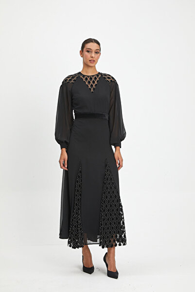 SERPİL Kadın İşlemeli Detaylı Şifon Elbise - Kadife Kemerli, Uzun Kollu