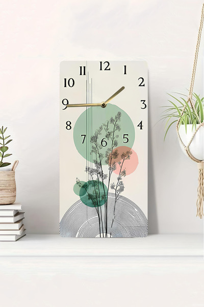 kutuTR ساعة طاولة MDF مطبوعة بالأشعة فوق البنفسجية ثنائية الأبعاد مع نمط دائرة هندسية ونباتات بسيطة ثلاثية الأبعاد مقاس 20 × 40 سم-DTS120