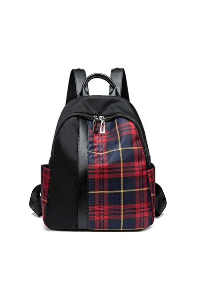 Produse.Top Rucsac Dama din material impemeabil cu carouri rosu si dunga din piele ACRD185