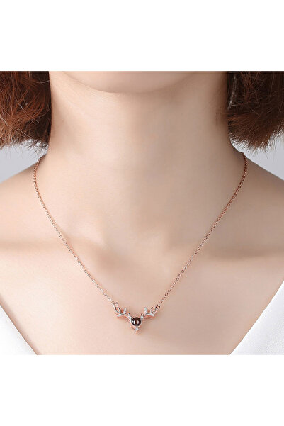 Produse.Top Colier dama roz-auriu placat cu aur design ren si proiectie I love You in 100 de limbi COL034