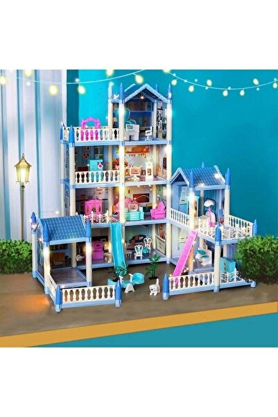 Generic Dollhouse, 4-Floor Huge Dollhouse Play Set with 11 Rooms, Lights, Furniture (Blue)