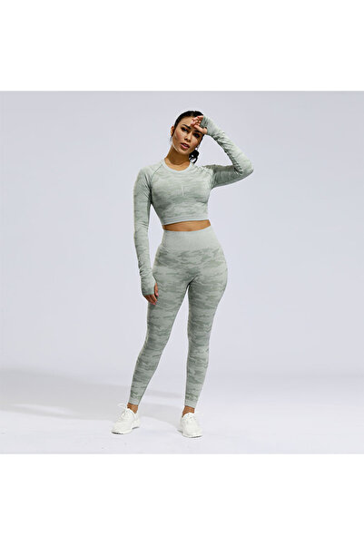 Produse.Top Costum Sport Fitness Camuflaj Colanti si Bluza Crop cu Maneca Lun...