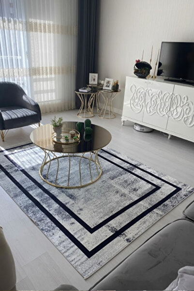VOPTEKS Gri Siyah Halı Salon Halısı Makinede Yıkanabilir Halı Kaymaz Taban Halı
