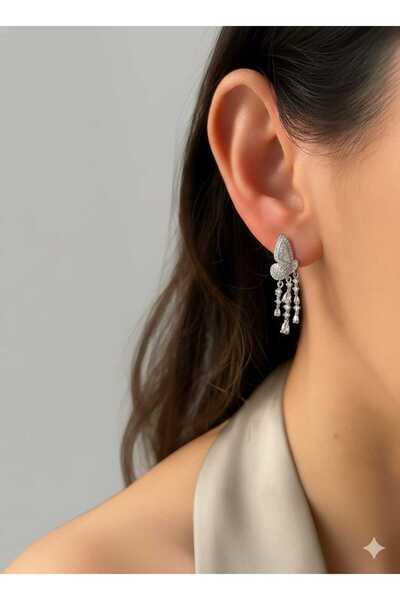 livaz accessories Çelik Kadın Zirkon Taşlı Kelebek Sallantılı Küpe
