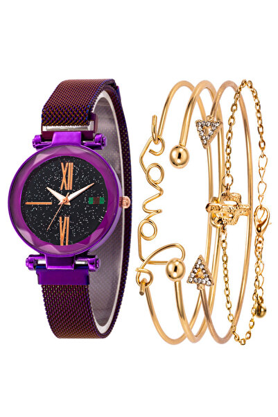 Produse.Top Set Ceas Dama cu 4 Bratari Fashion si Curea Magnetica Adaptabila purple CDQZ061