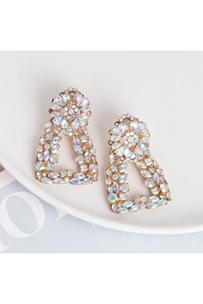 Produse.Top Cercei eleganti geometrici aurii cu floare si strasuri cu reflexi...