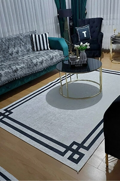 VOPTEKS Beyaz Siyah Halı Salon Halısı Makinede Yıkanabilir Halı Kaymaz Taban ...